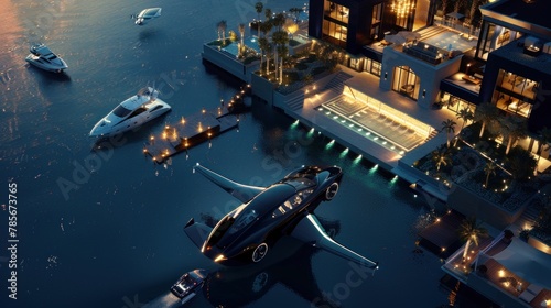 car with jet flying over a luxury modern waterfront villa © FINZZ