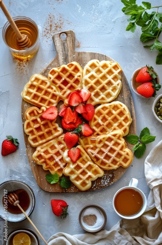 Fresh Strawberry Topped Waffle on Cutting Board