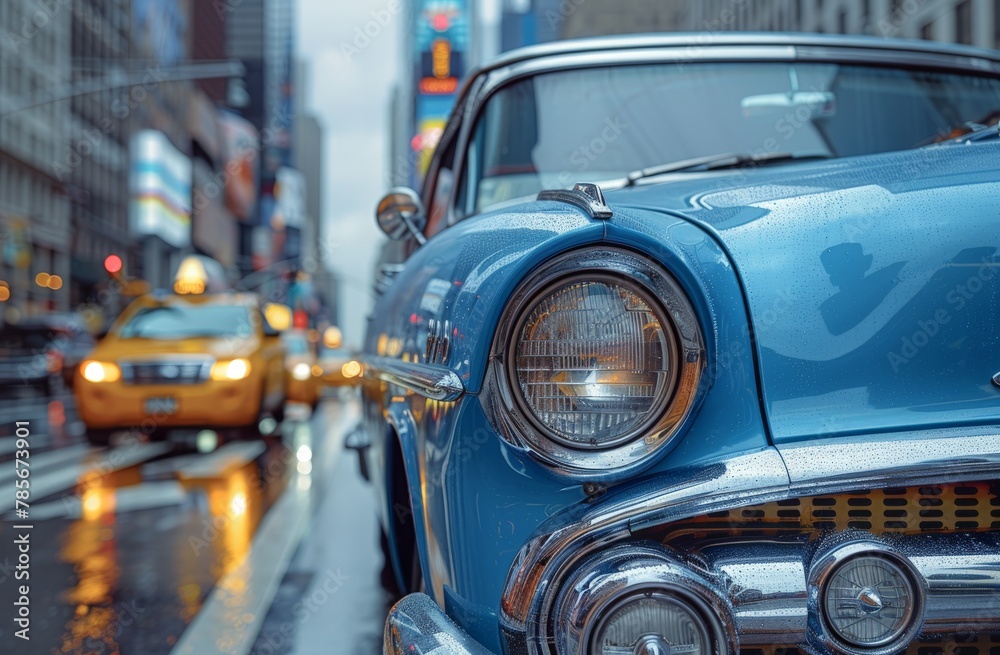 Shiny blue vintage car with chrome details stands out on a rainy city street with taxi cabs and urban vibe