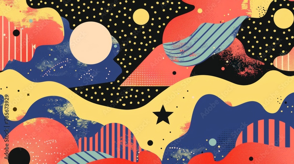 Flying objects in a psychedelic Memphis style patterned sky   AI generated illustration