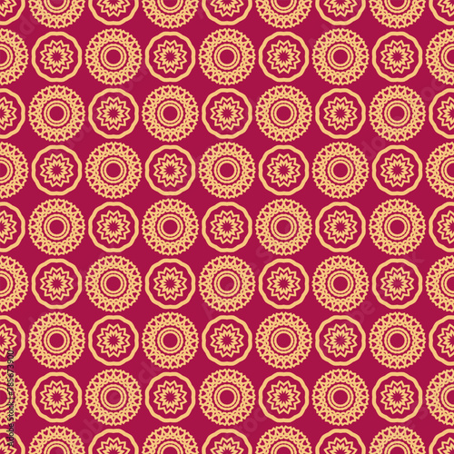 Seamless pattern with yellow stylized flowers on a dark burgundy background. Vector illustration