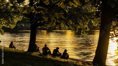 people sitting by the lakean tree at sunset
