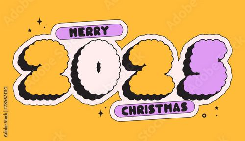 Christmas groovy card text 2025. Noel ball and garland.