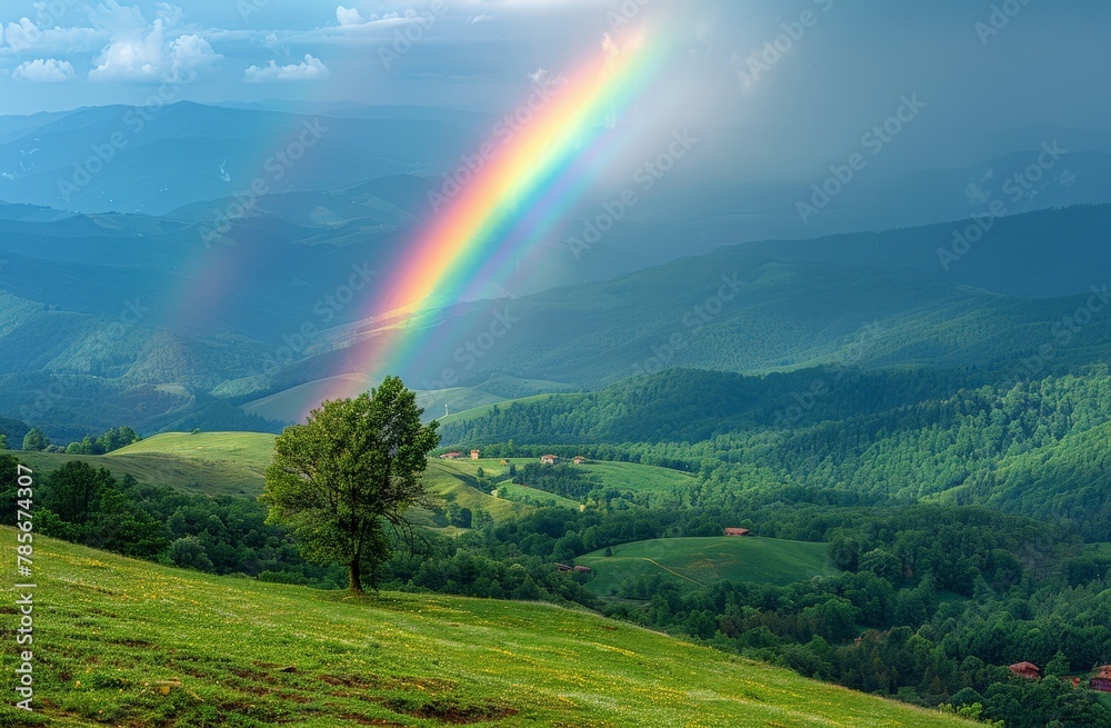 A beautiful landscape capturing a brilliant rainbow stretching over a rolling green valley under a stormy sky, creating a serene scene