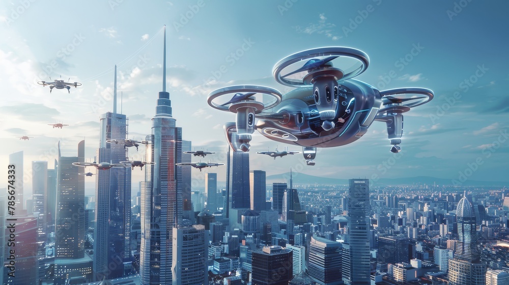 Futuristic cityscape with isolated flying vehicles AI generated illustration Futuristic cityscape with isolated flying vehicles AI generated illustration