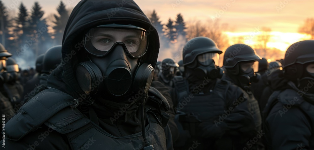 Dystopian Gathering of People in Gas Masks Dystopian Gathering of People in Gas Masks