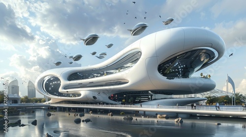 Futuristic building with isolated flying elements AI generated illustration