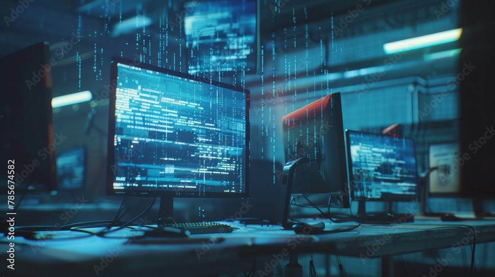 Fototapeta premium Glitchy computer monitors hovering in mid-air AI generated illustration