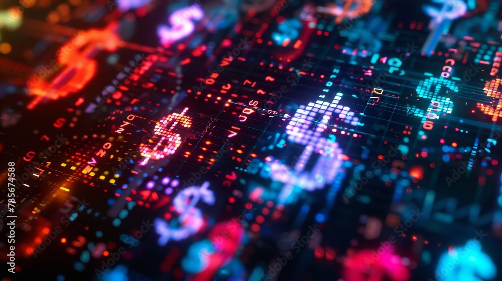 Glitchy symbols of different currencies flickering against a dark background AI generated illustration Glitchy symbols of different currencies flickering against a dark background AI generated illustration