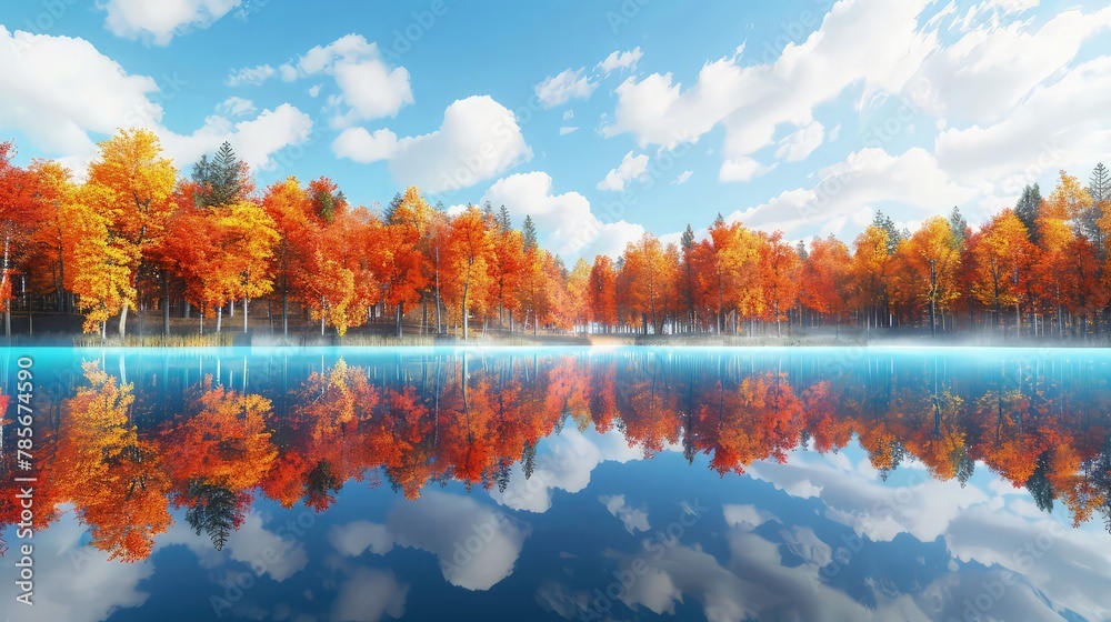 An idyllic landscape featuring autumn trees in full color along the lake's edge, their vivid hues reflecting perfectly in the water An idyllic landscape featuring autumn trees in full color along the lake's edge, their vivid hues reflecting perfectly in the water