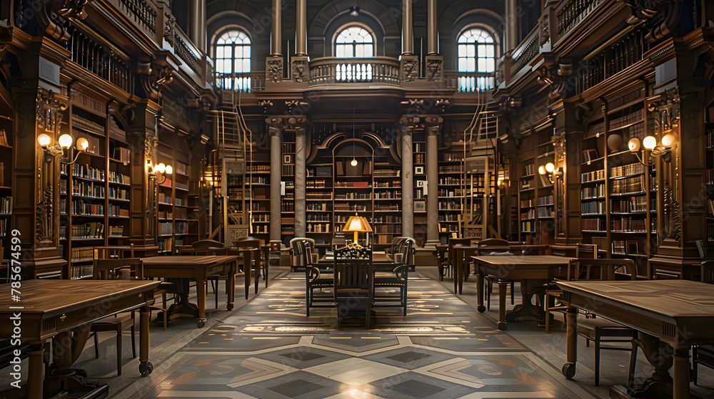 A grand reading room in a public library with towering bookshelves and classic reading tables.