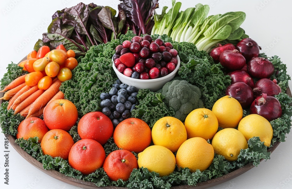 A vibrant display of various fresh vegetables meticulously arranged on a platter, emphasizing healthy eating and nutrition