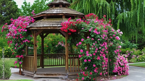 A charming, small cottage sitting area in a beautiful summer garden, featuring comfortable seating and surrounded by a vibrant array of colorful plants and flowers.