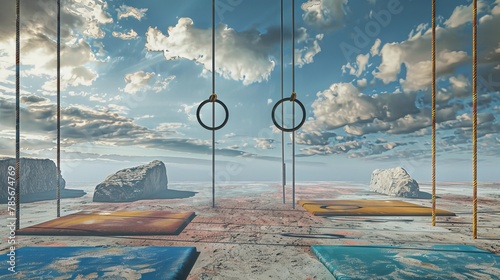 Gymnastics rings and mats in a surreal isolated setting   AI generated illustration photo