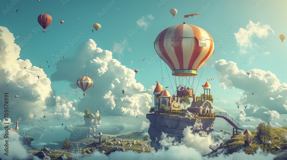 Fototapeta premium Isolated flying objects in a whimsical landscape AI generated illustration