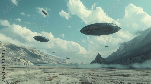 Isolated flying objects in a surreal landscape   AI generated illustration