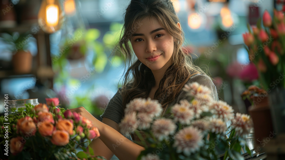 A smiling young woman surrounded by colorful flowers in a cozy flower shop setting.
