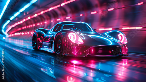 High Speed Car Travelling in Tunnel With Blue an, Aerodynamic sports car races through neonlit urban streets at night  © sunny