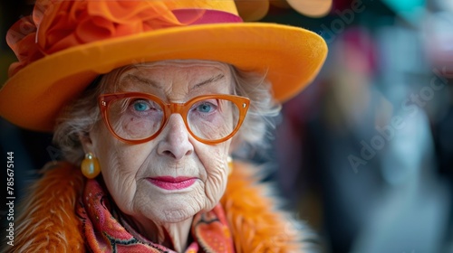 Elderly Woman in Bright Orange Hat and Glasses