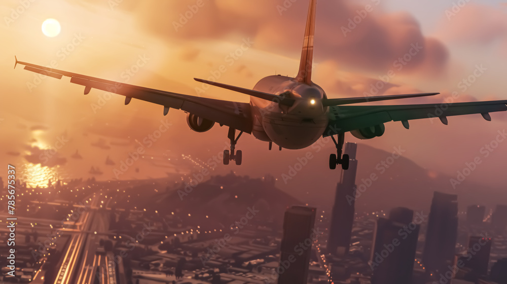 Airplane flying over the city at sunset. Travel and transport concept.