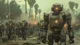 Dystopian March: The Rise of Robots in LA. Concept Cybernetic Uprising, Futuristic Dystopia, AI Takeover, Los Angeles Resurgence, Robot Revolution