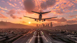 Airplane flying over the airport at sunset. 3D rendering.