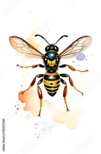Yellow wasp watercolor illustration. Children's picture for learning, wasps, bees.