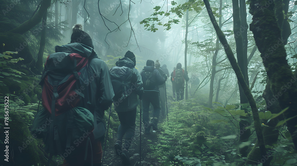 A group of hikers navigating through a dense misty forest with light filtering through the canopy illustrating the mystery and allure of untouched wilderness.