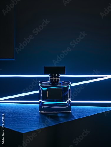 Perfume bottle on dark blue background. 3d rendering.