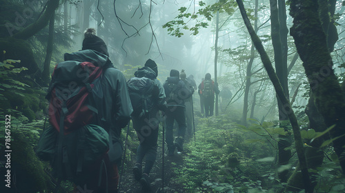 A group of hikers navigating through a dense misty forest with light filtering through the canopy illustrating the mystery and allure of untouched wilderness. photo