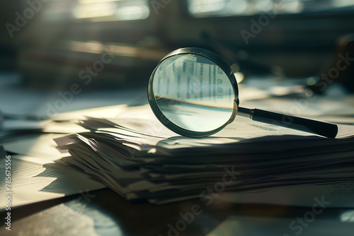 magnifying glass casting a shadow over a stack of documents containing vital analytics data, with soft focus drawing attention to the subtle details on the table, photo
