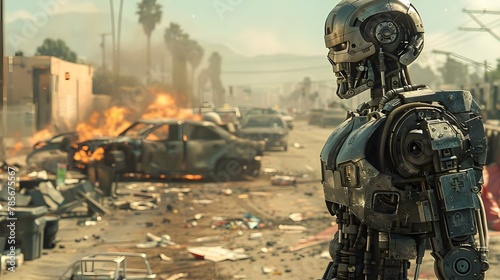 Robotic Sentinel Overseeing a Dystopian Wasteland. Concept Sci-Fi, Dystopian, Robot, Futuristic, Apocalypse