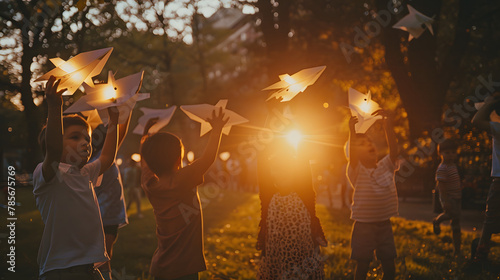 A group of kids in a park at dusk launching LED-equipped paper airplanes pretending theyre spaceships. photo
