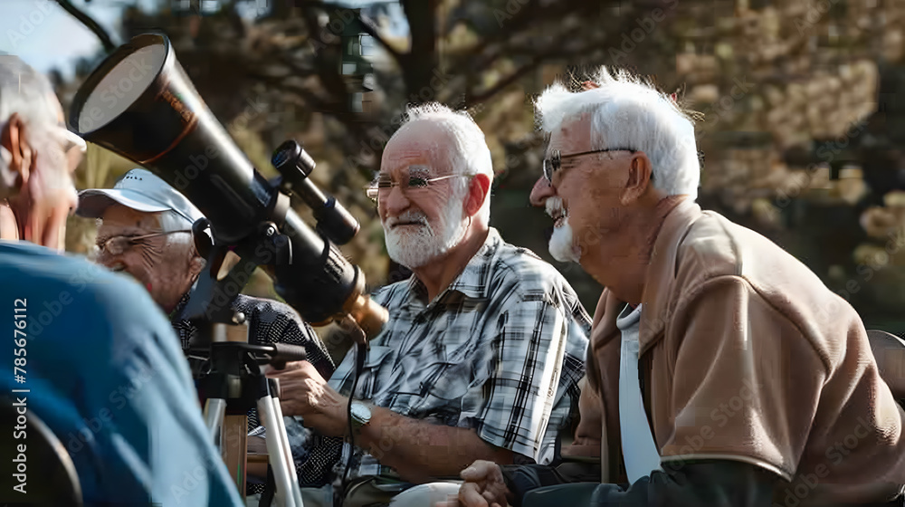 A group of retirees at an astronomy club meeting sharing telescopes and stories of celestial discoveries.