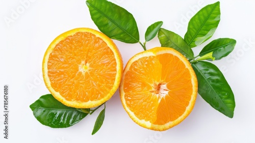 An orange with a fresh cut and green leaves, beautifully isolated on a white background.