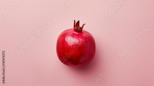 A minimalist composition featuring a red pomegranate on a soft pastel pink background, ideal for flat lay photography