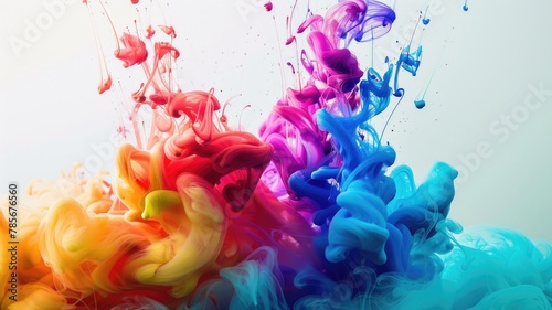 dynamic explosion of colorful ink splashes against a white background, showcasing a vivid and abstract interplay of fluid colors ranging from red to blue, evoking creativity and motion