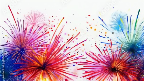Explosive watercolor depiction of fireworks in a festival, splashes of blue and crimson spread across the canvas, evoking jubilation and grandeur. Holiday background backing