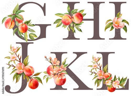 Set of floral letters G-L with blooming peach tree branches and fruits, isolated illustration on white background, for wedding monogram, greeting cards, logo (ID: 785676911)