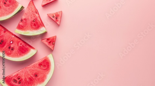 A creatively arranged slice of watermelon on a pastel pink background, embodying a minimalistic fruit concept
