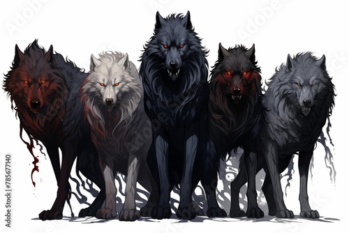 Illustration of a Pack of Fenris Wolfes on a White Background