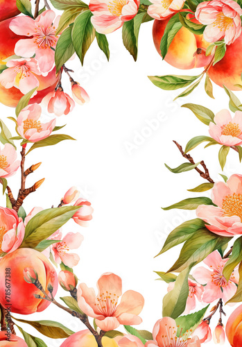 Watercolor frame border, card template with peaches tree blooming branches and fruits, isolated illustration for wedding and holiday cards, posters