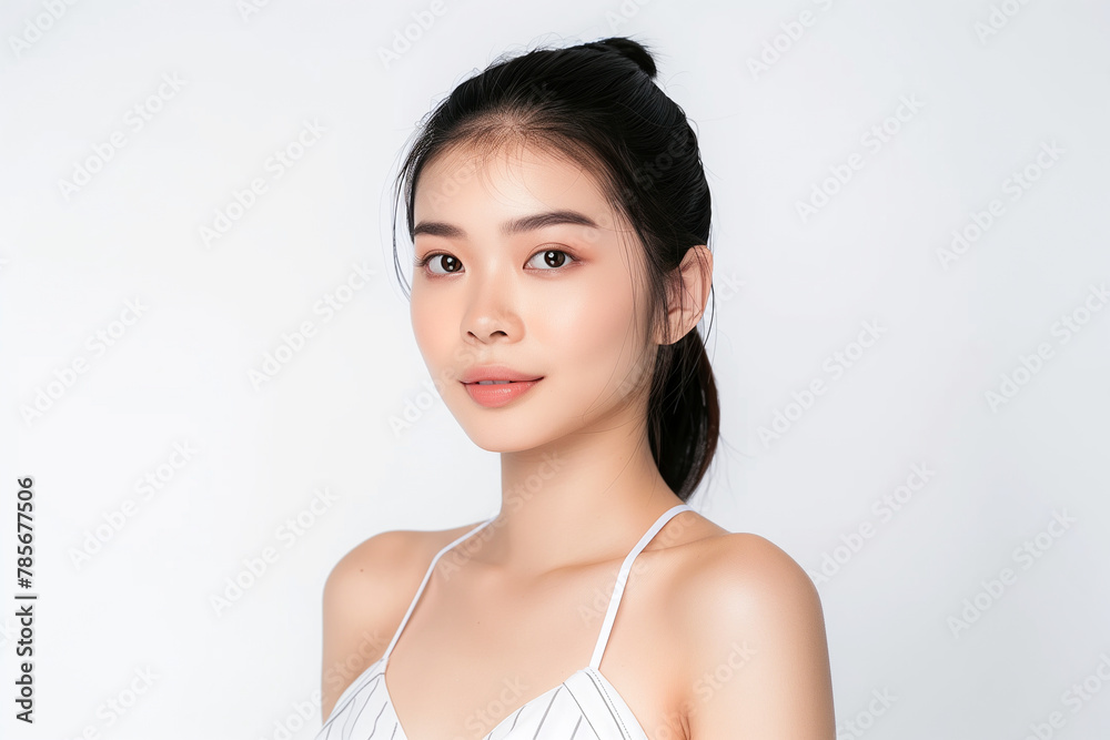 Asian woman with clean and delicate skin posing for beauty photography on an isolated background Asian woman with clean and delicate skin posing for beauty photography on an isolated background