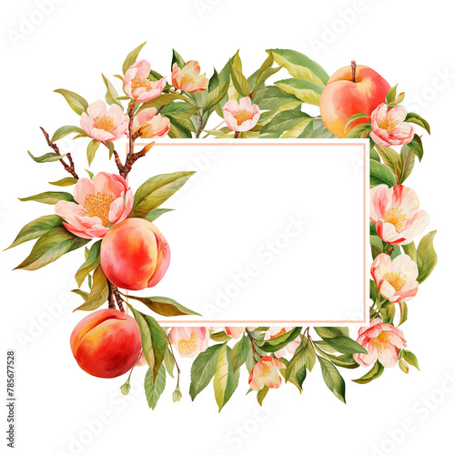 Watercolor frame border with peaches tree branches and fruits, isolated illustration for wedding and holiday cards, kitchen design, posters (ID: 785677528)