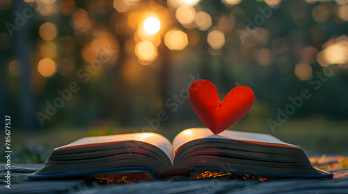 A red paper heart placed on an open book, symbolizing love and passion. Suitable for Valentine's Day greetings or educational concepts. photo