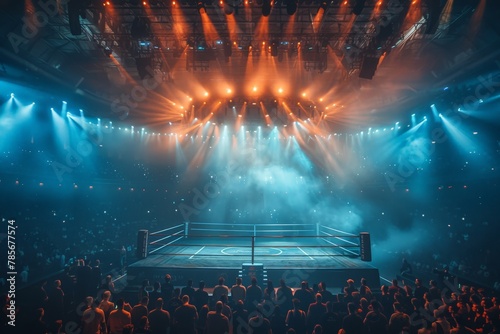The boxing ring stands under high contrast lighting during an intense sports event
