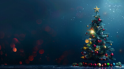 Christmas tree with colorful decorations on dark blue background with bokeh lights and copy space for text, banner design. New Year or Christmas festive greeting card template. Mockup for Christmas gr