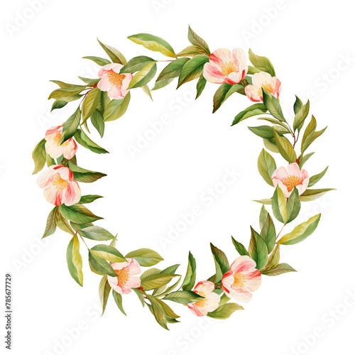 Watercolor wreath with peaches tree blooming branches, isolated illustration for wedding and holiday cards (ID: 785677729)