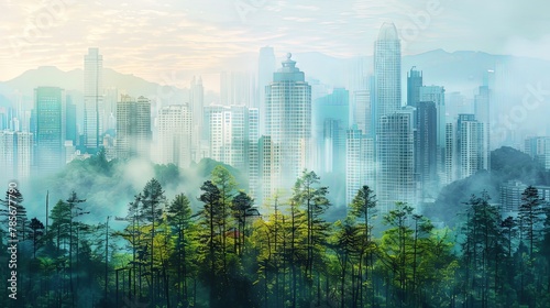 Panomamic cityscape with double exposure overlay of green summer forest vegetation