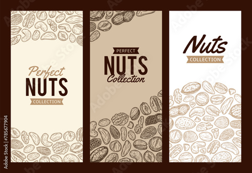 Mixed nuts banner templates, backgrounds with nuts, hand-drawn food illustrations and icons
